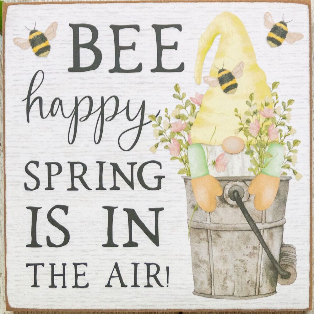 FARMHOUSE Sign Honey Bee & Gnome 8 x 8" Square Wall Hanging Spring Decoration